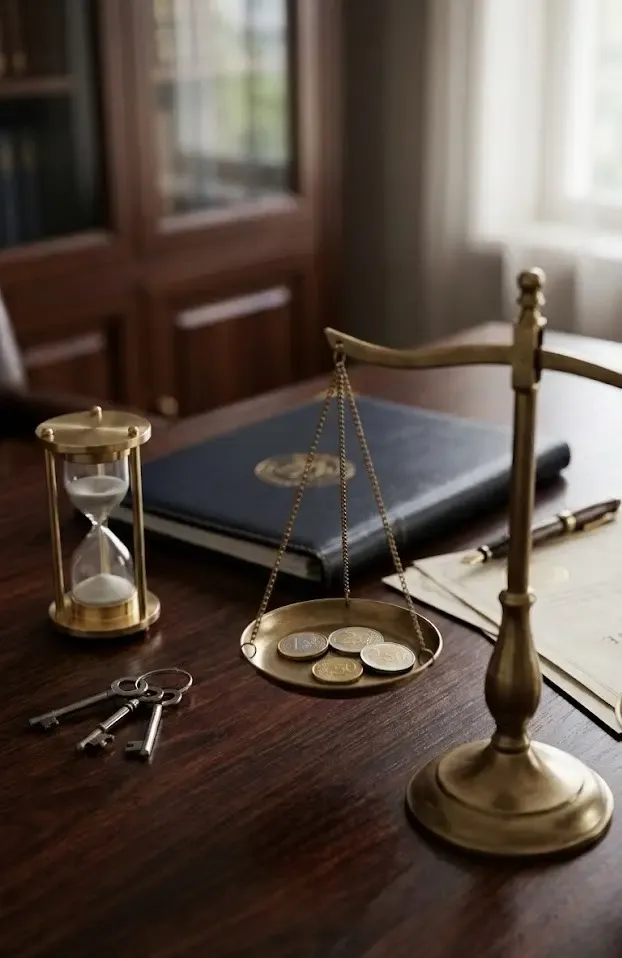 Représentation stylisée d'une balance ancienne pensant de l'argent pour illuster la baisse des frais bancaires dans le cadre des successions