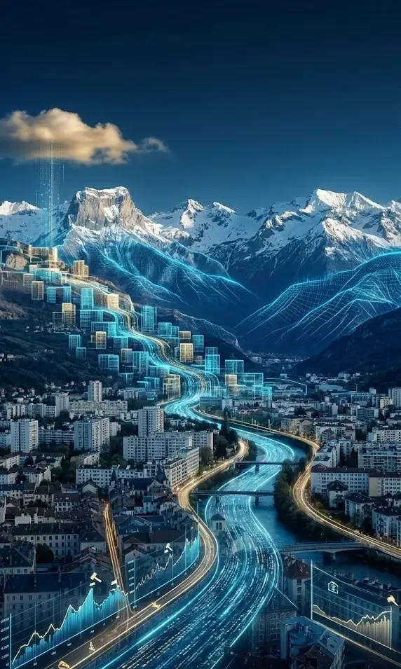Représentation fictive de Grenoble laissant apparaitre les montagnes et la ville pour illustrer l'efficacité de la vente notariale interactive